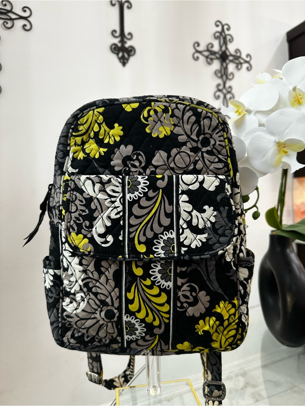 Vera Bradley Quilted Floral Backpack - Black, Gray & Yellow